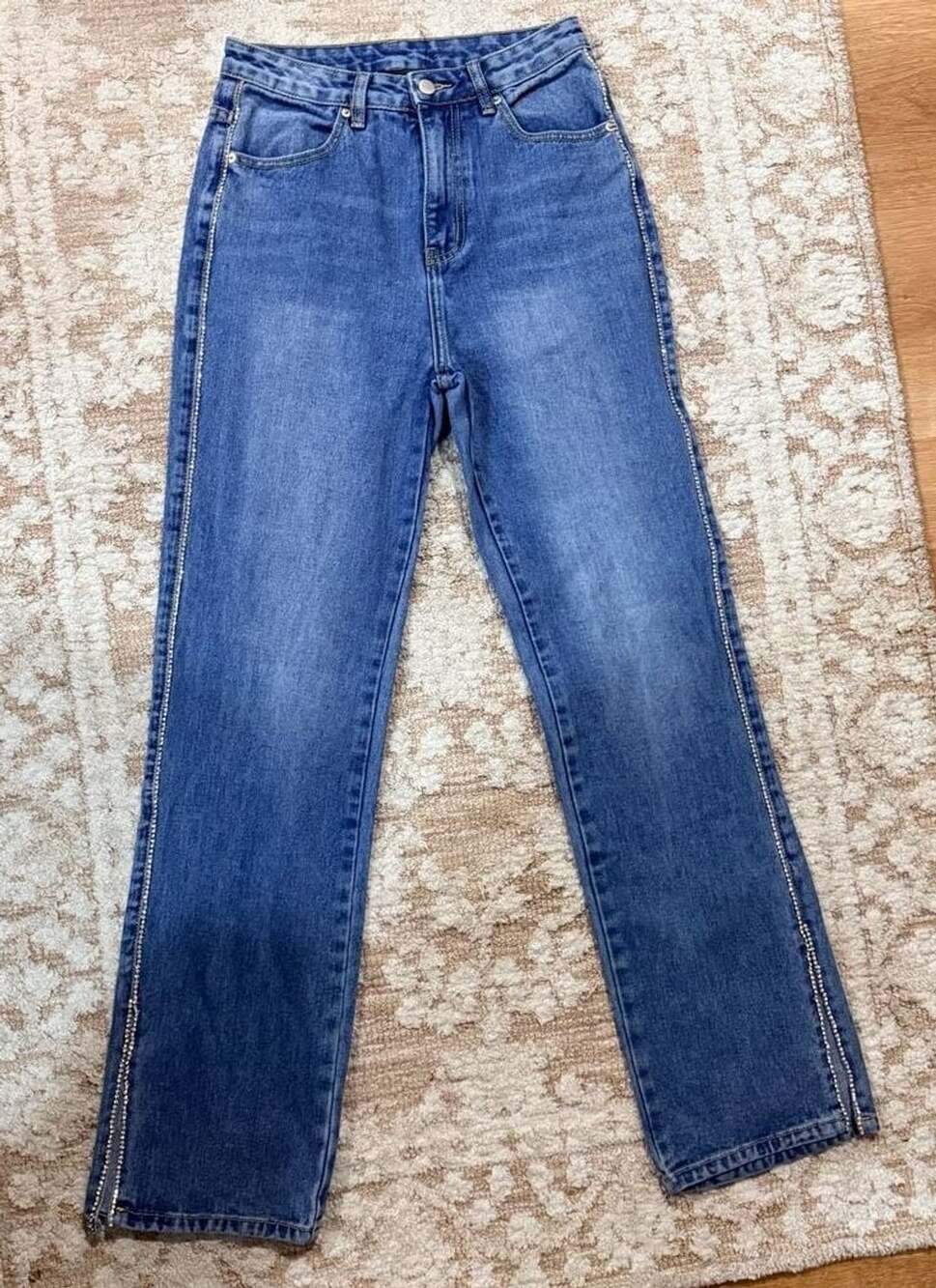 WFFS Rhinestone Trim Jeans Size S Blue Denim Side Stripe